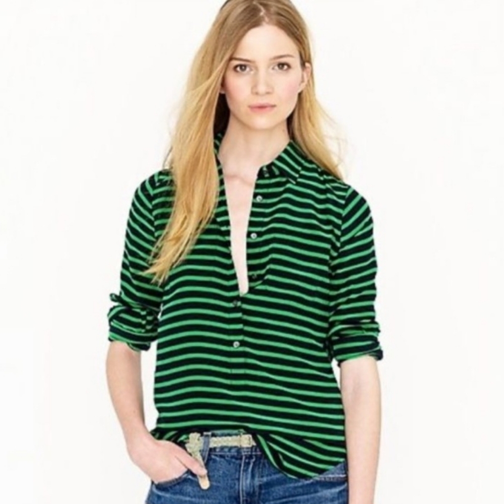 J. Crew Stripe Green Black Top Blouse Size 4 Silk Business Casual